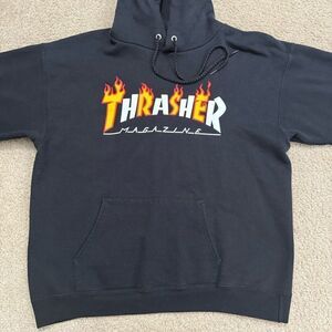 Vtg Thrasher Magazine Classic Flame Logo Y2K Black Hoodie Hooded Sweater Medium